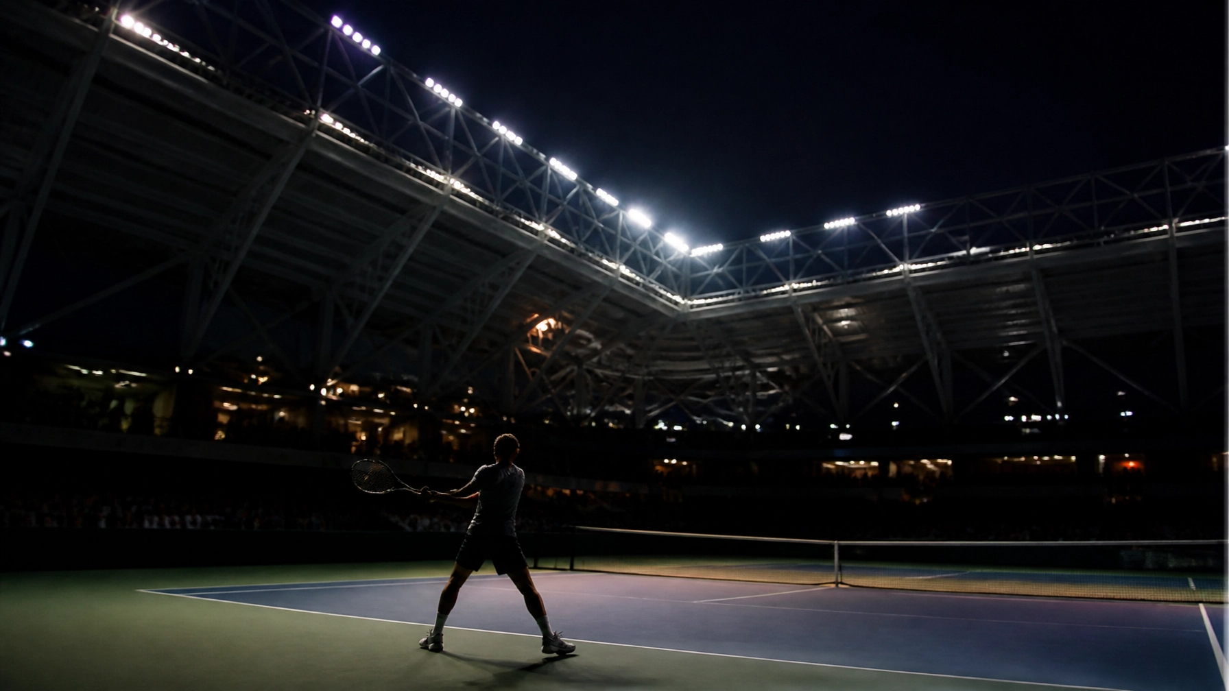 Arthur-Ashe-Stadion bei Nacht mit Hartplatz und Flutlicht
