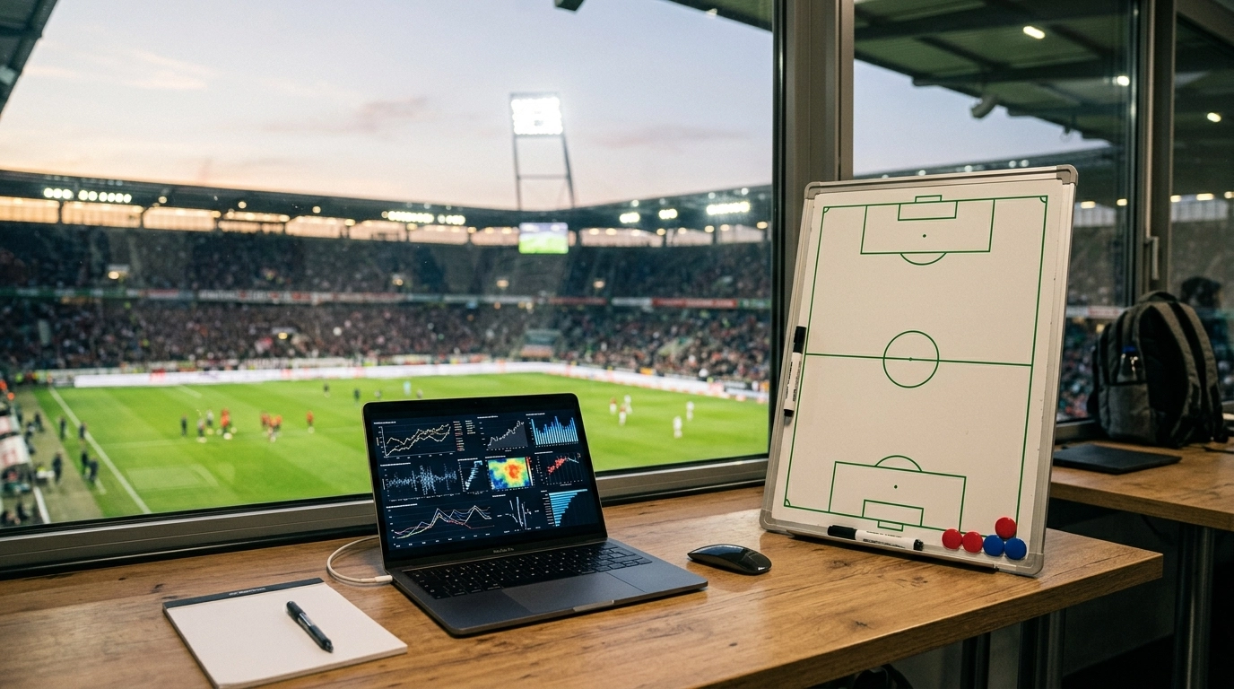 Fußballanalyse mit abstrakten Datenkurven und Blick auf ein beleuchtetes Stadion