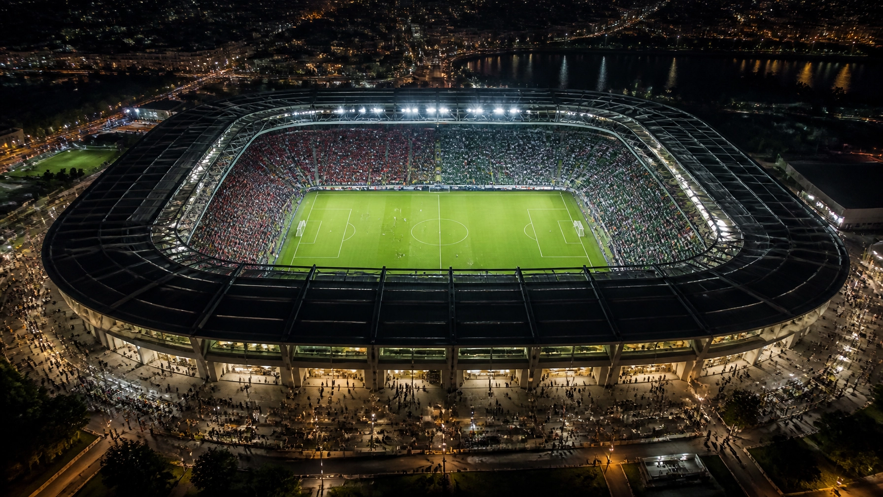 Papara Park und Fußballstadion bei Nacht als Kulisse für ein europäisches Playoff