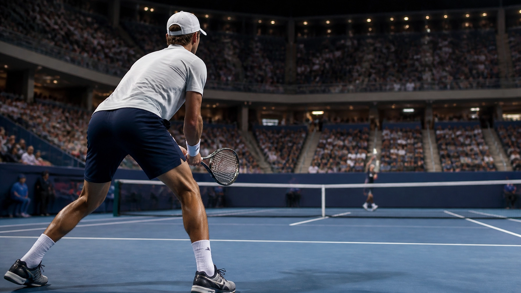 Tennisspieler bei der Vorbereitung auf ein US-Open-Erstrundenmatch im beleuchteten Hardcourt-Stadion
