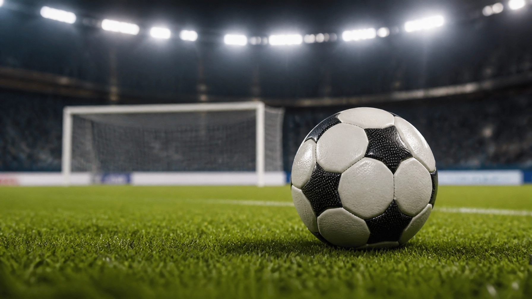 Fußball auf dem Rasen unter dem Flutlicht eines europäischen Stadions