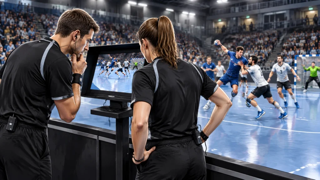 Illustration: Zwei Schiedsrichter prüfen eine Handballszene an einem Videomonitor.