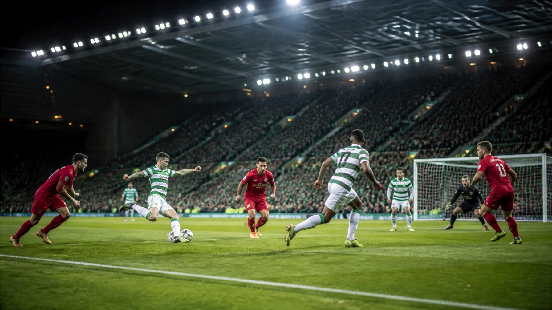 Fußballspiel mit Celtic in Grün-Weiß gegen Aberdeen in Rot unter Flutlicht