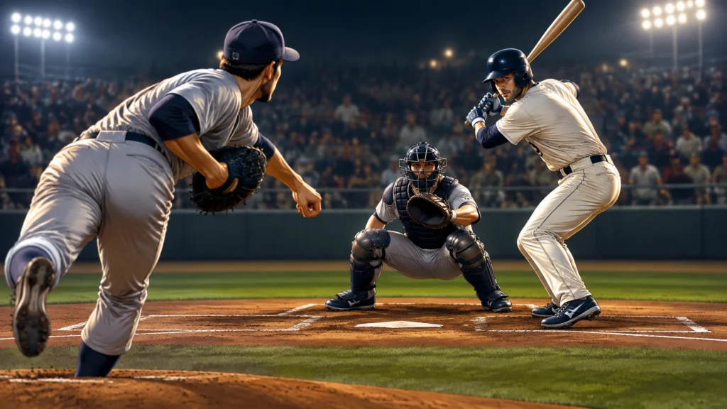 Pitcher, Batter und Catcher bei einer Baseball-Spielszene unter Flutlicht