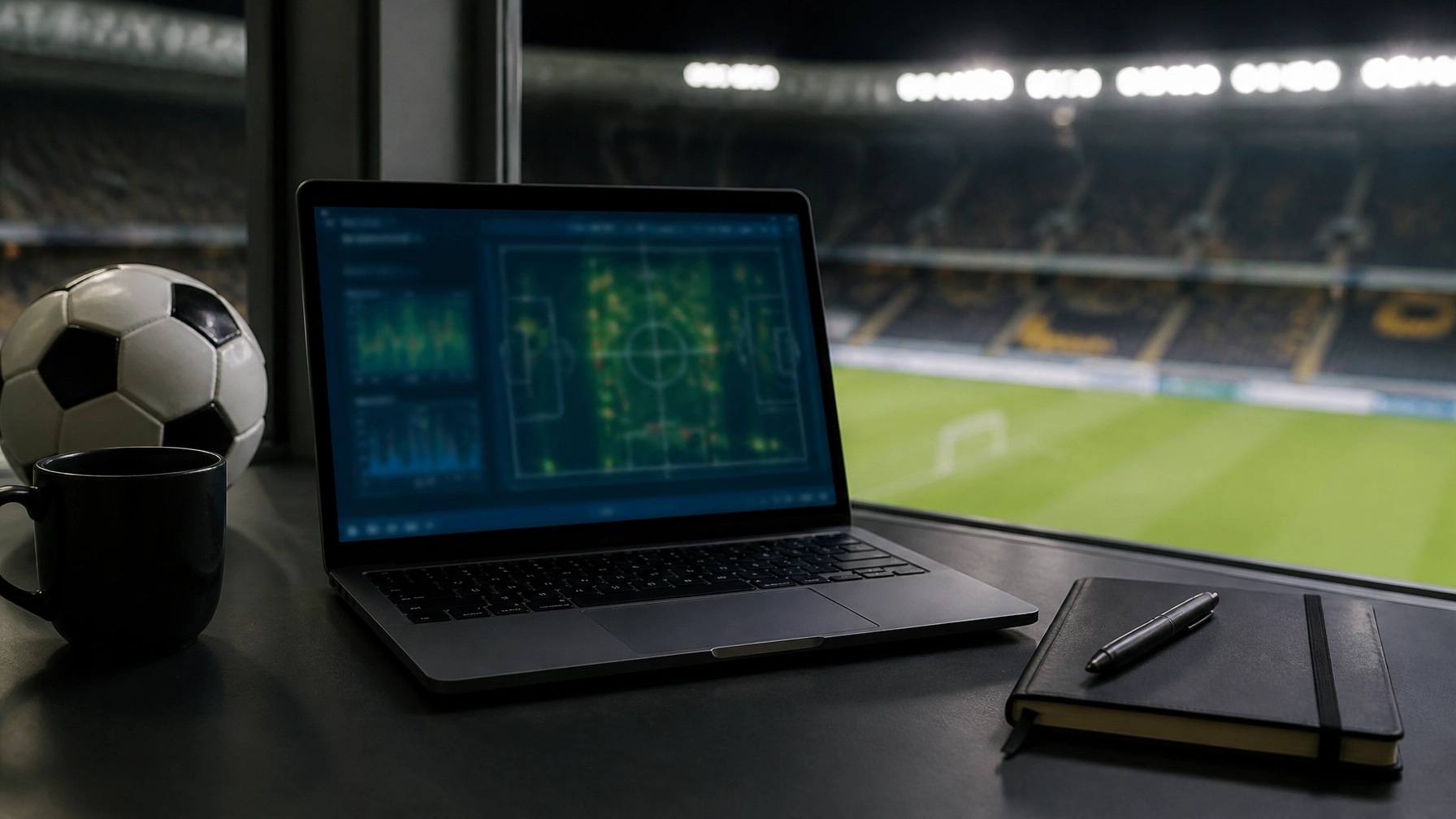 Neutraler Analysearbeitsplatz mit Fußball und Datenvisualisierung