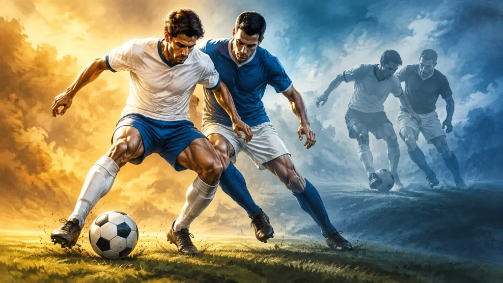 Illustration: Fußballzweikampf mit einer zweiten, verblassten Spielszene als Symbol für historische Vergleiche.