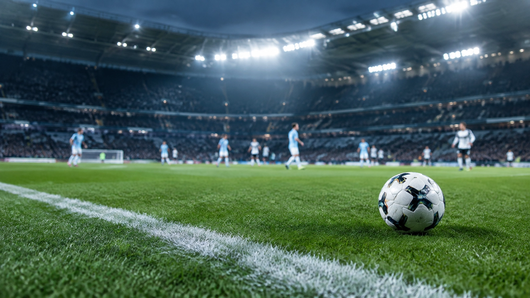 Fußball und Spielfeld bei Flutlicht als neutrales Wettmarkt-Analyse-Motiv
