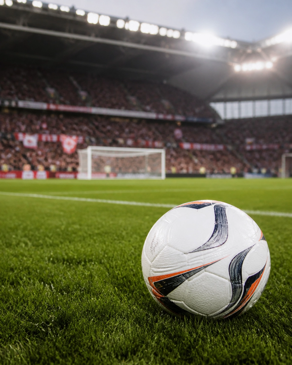 Fußball auf dem Rasen eines dänischen Stadions unter Flutlicht