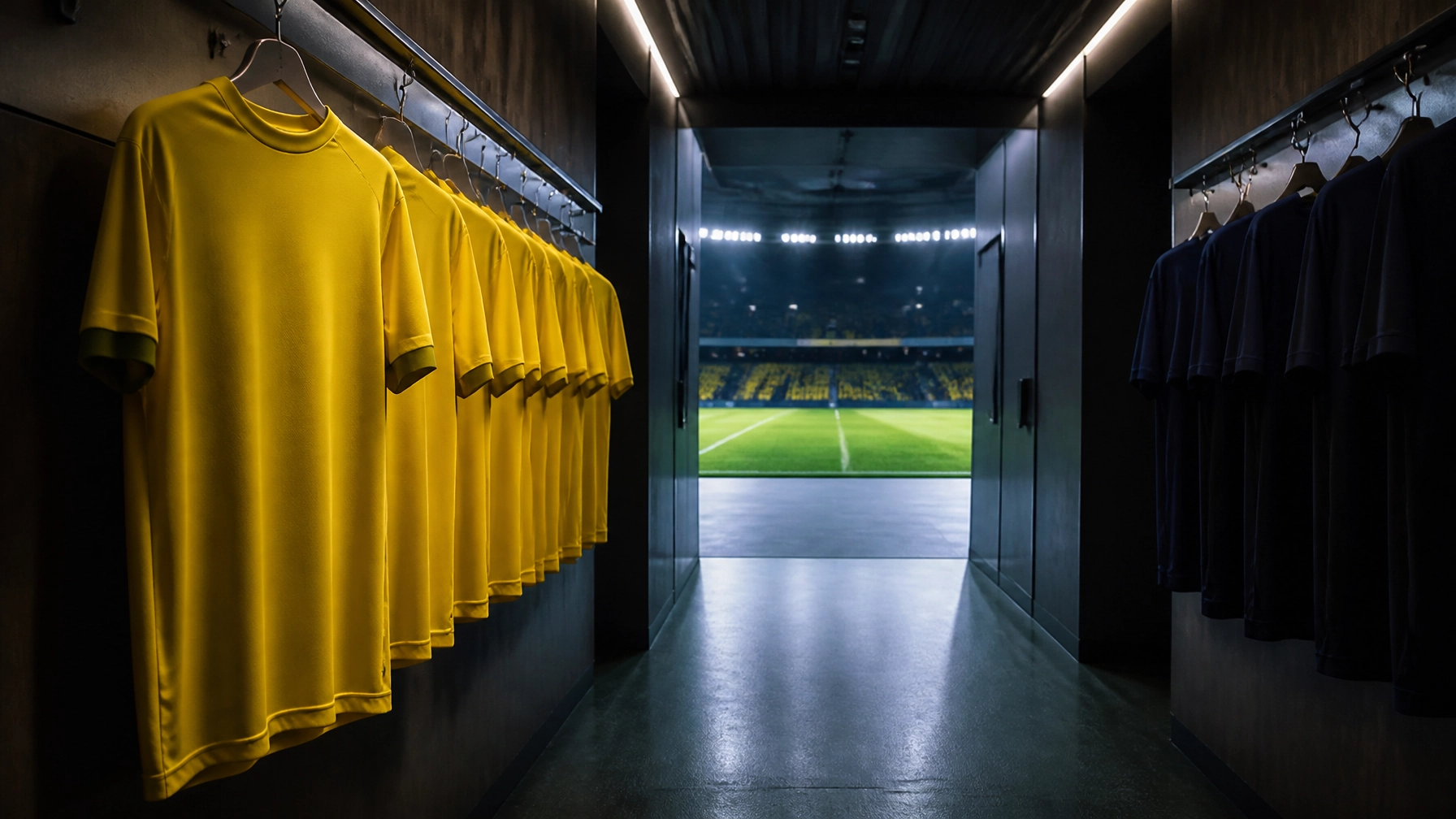 Fußballstadion-Tunnel mit neutralen gelben und dunklen Trikots ohne Logos