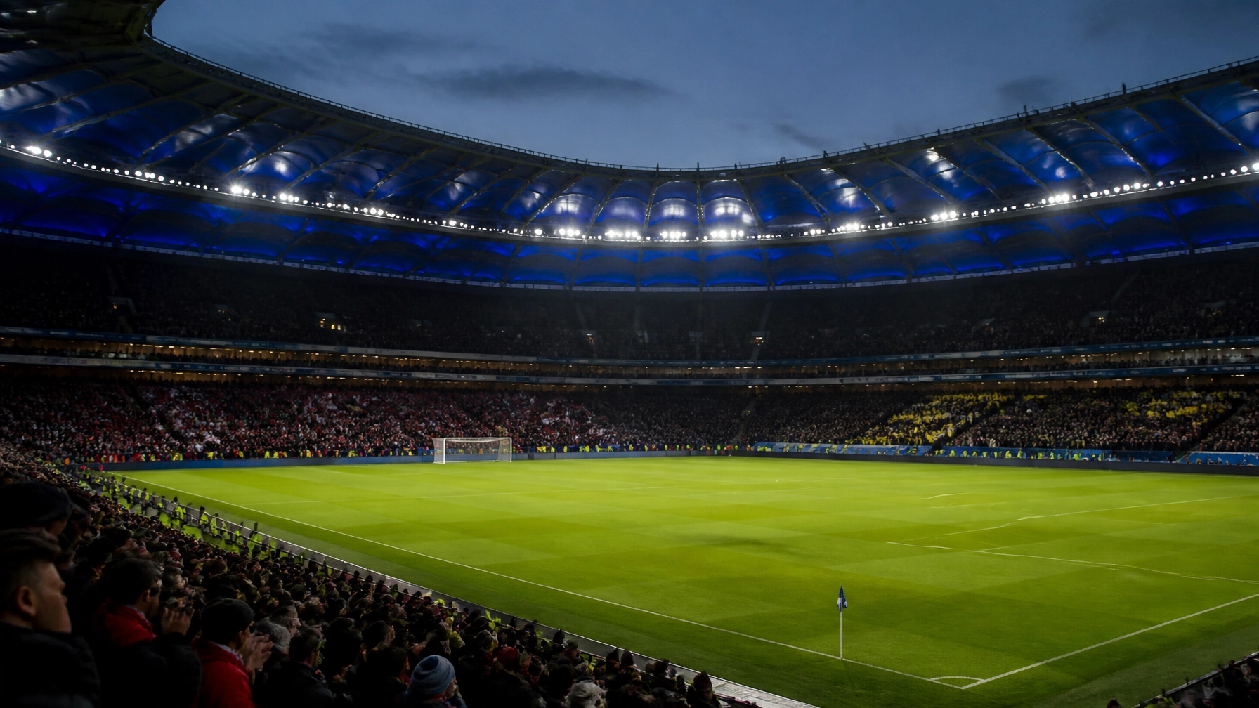 Realistische Stadionatmosphäre im Volksparkstadion bei Flutlicht vor einem Pokalspiel