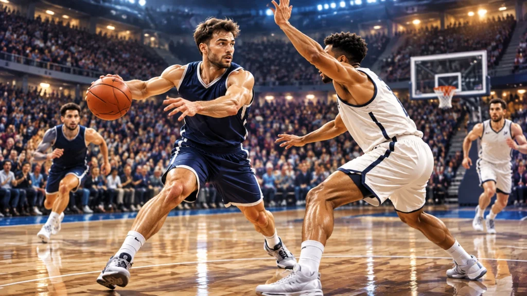 Basketballspieler im blauen Trikot mit Ball im Duell gegen einen Verteidiger in Weiß.