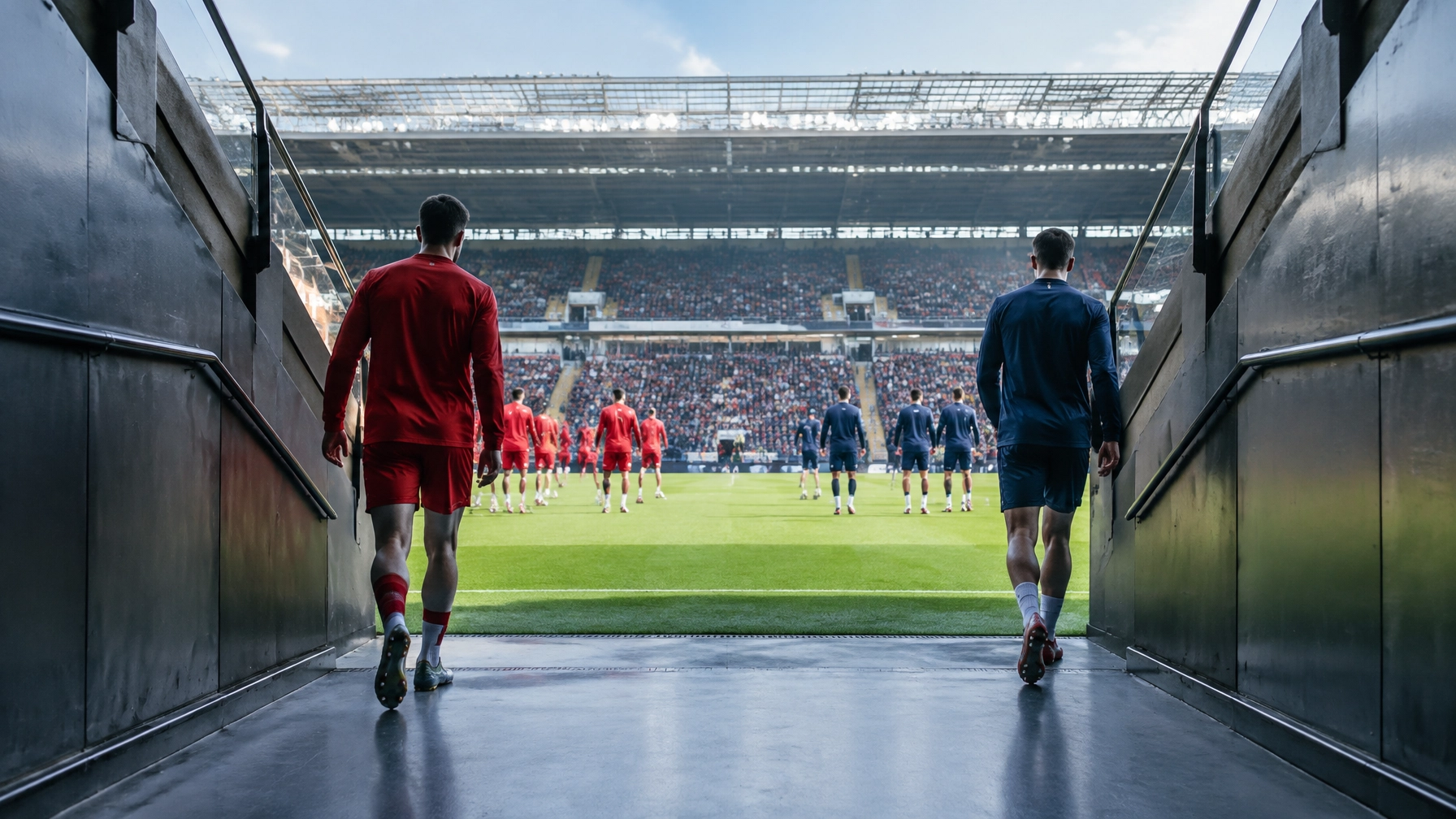 Fußballstadion vor dem Anpfiff mit Mannschaften im Hintergrund