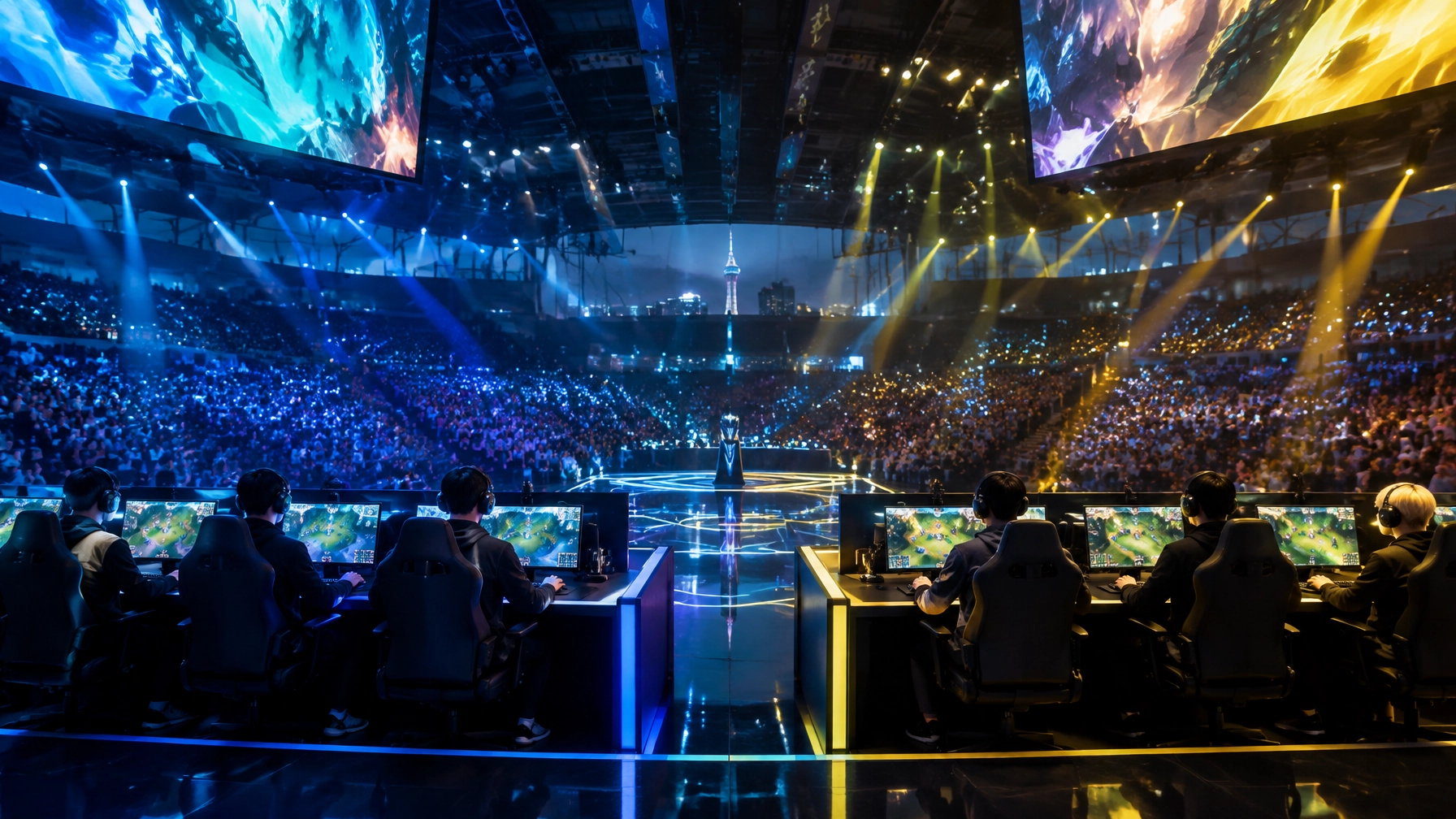 Professionelle League-of-Legends-Spieler an ihren Stationen in einer ausverkauften Arena