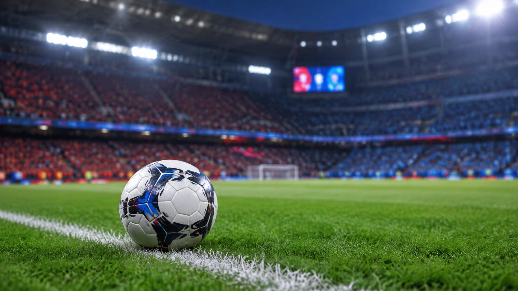 Fußball am Spielfeldrand vor einem Flutlichtspiel