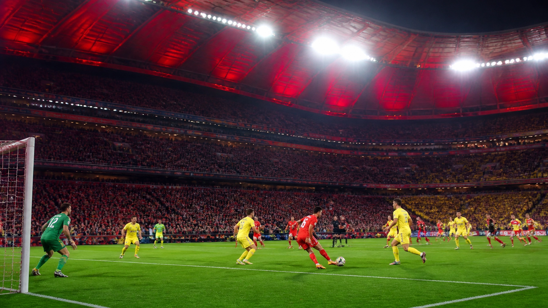 Europäische Fußballnacht mit roter Heimkulisse und gelbem Auswärtsakzent ohne Logos