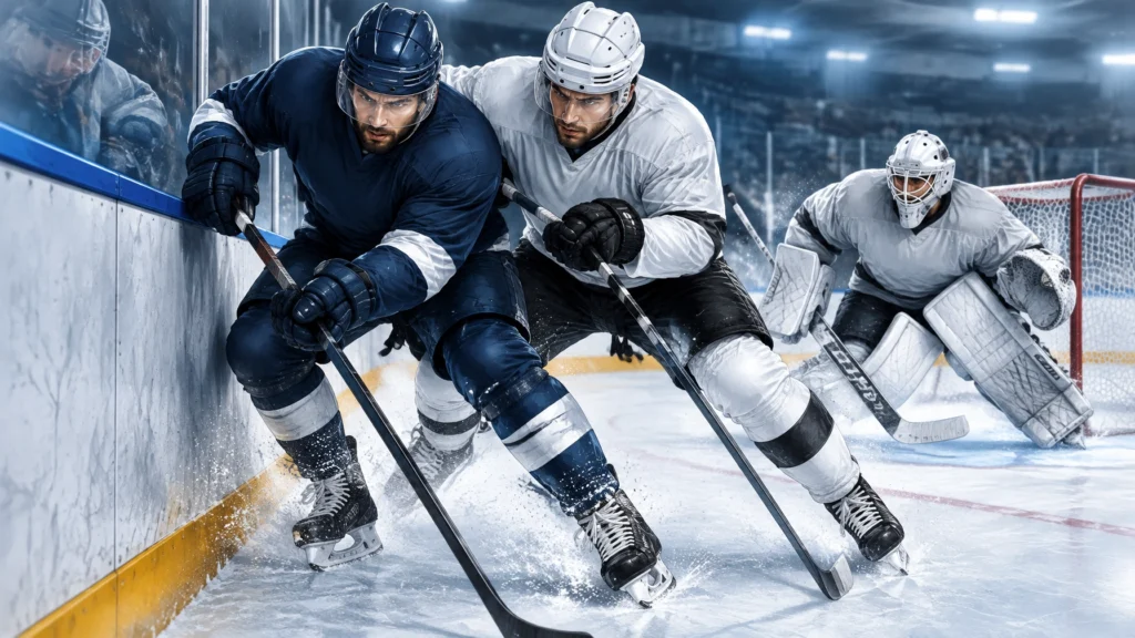 Zwei Eishockeyspieler im Zweikampf an der Bande, ein Torwart im Hintergrund