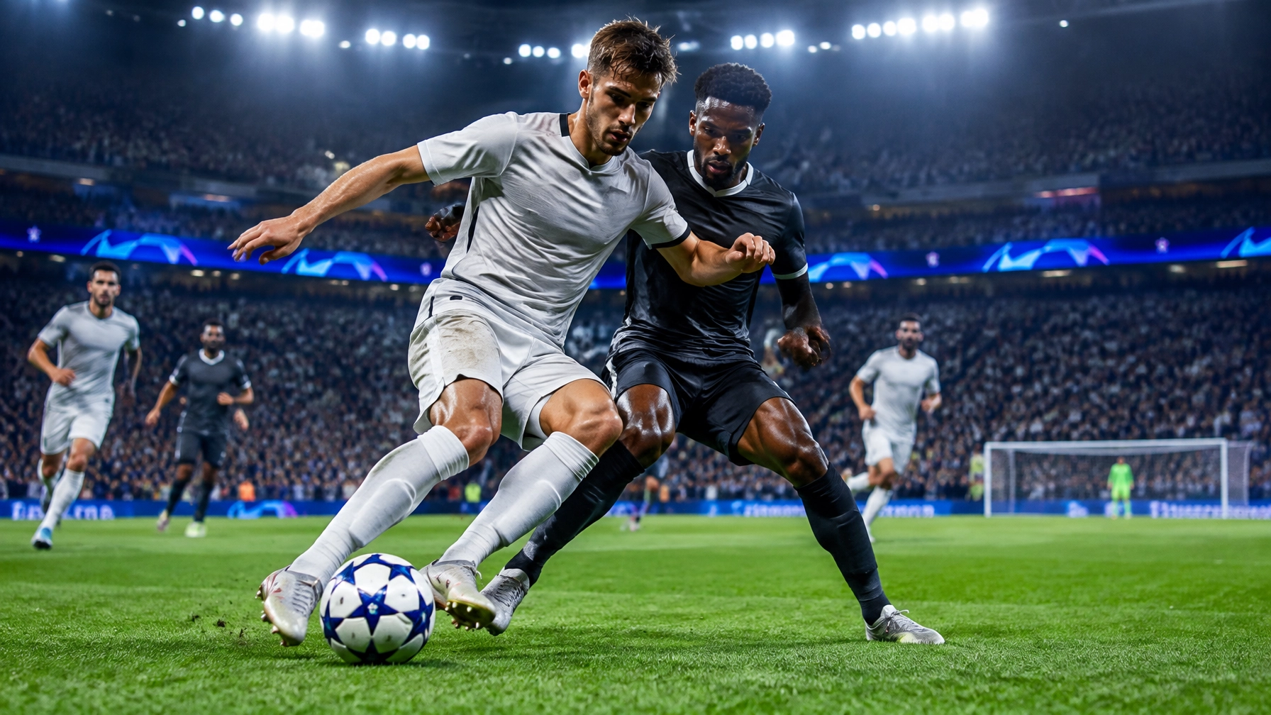 Fotorealistisches europäisches Flutlichtstadion für die Champions-League-Analyse