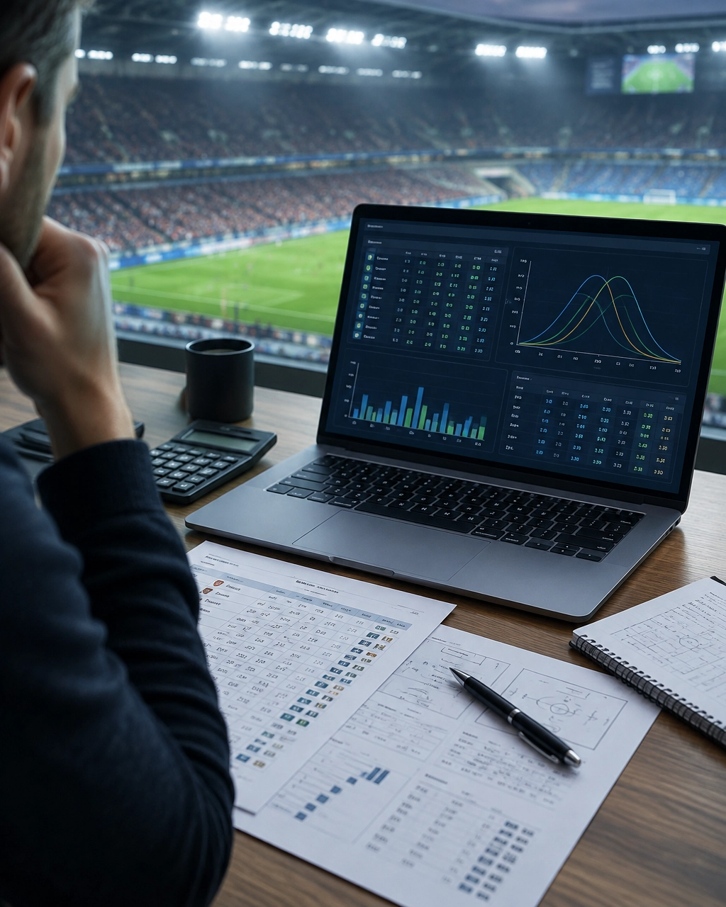 Analystenarbeitsplatz mit neutralen Spielstatistiken und Wahrscheinlichkeitsdaten