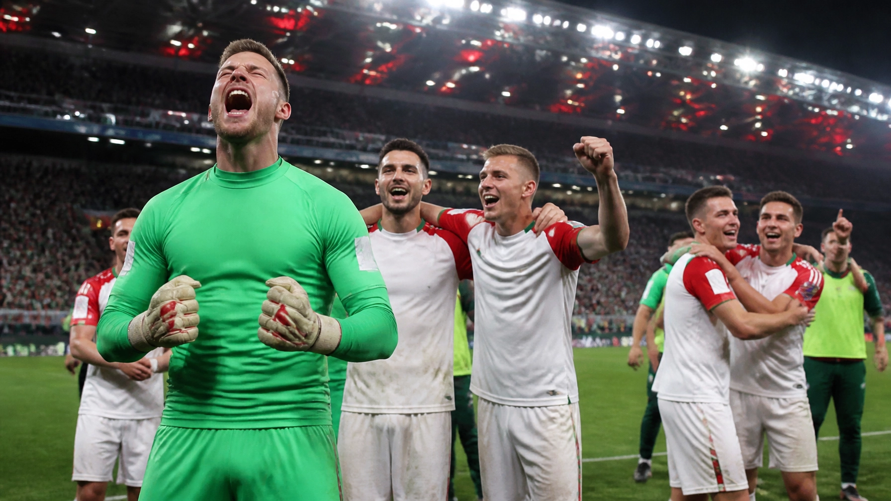 Fußballer in neutralen Trikots feiern einen überraschenden Bundesliga-Auswärtssieg unter Flutlicht
