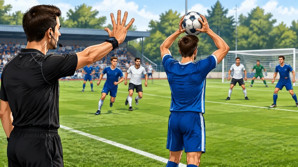 Illustration eines Schiedsrichters mit erhobener Hand neben einem Spieler beim Einwurf