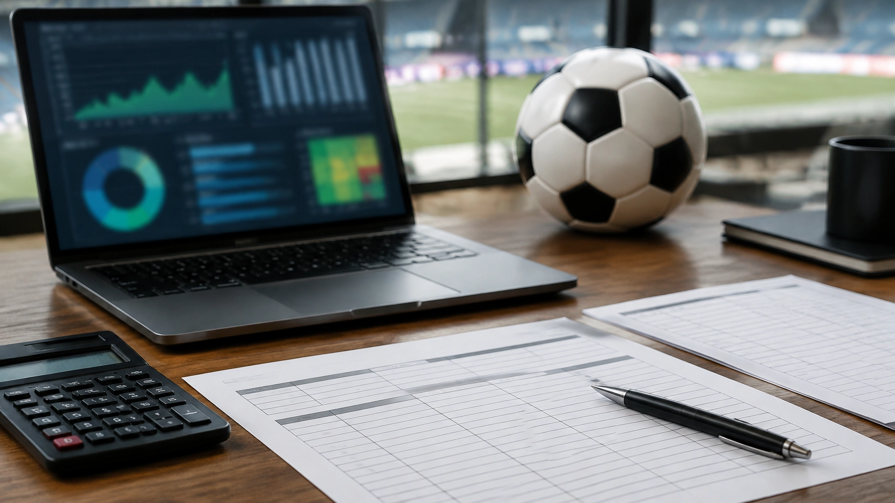 Analysten-Schreibtisch mit Fußball und abstrakten Statistikdiagrammen ohne lesbaren Text