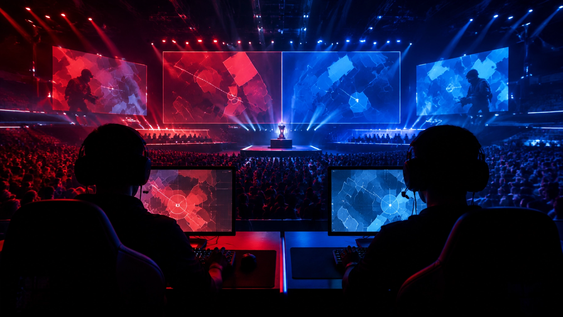 Dramatische CS2-Turnieratmosphäre mit Spielern an beleuchteten PCs