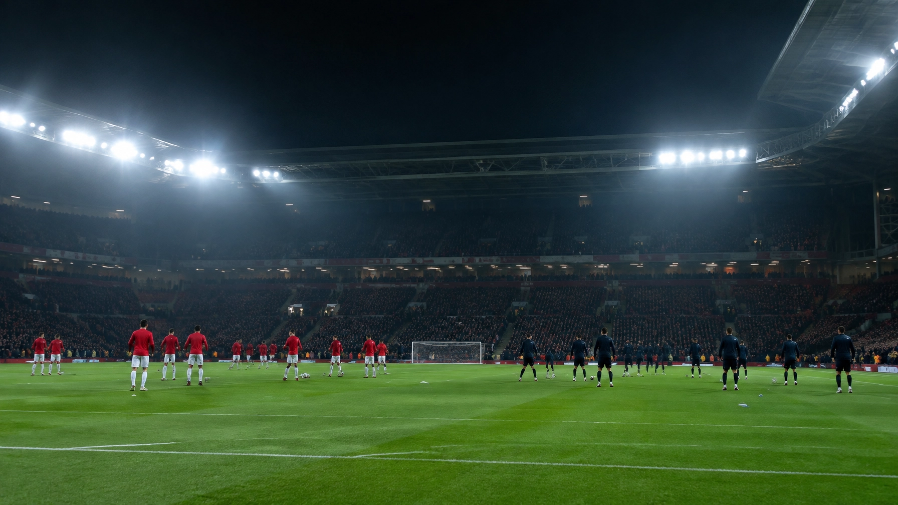 Flutlichtstadion als neutrale Darstellung eines internationalen Pokalspiels ohne Logos oder Text