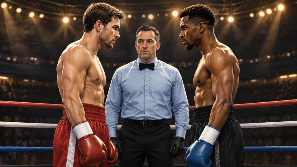 Illustration: Zwei Boxer stehen sich mit einem Ringrichter im Ring gegenüber.