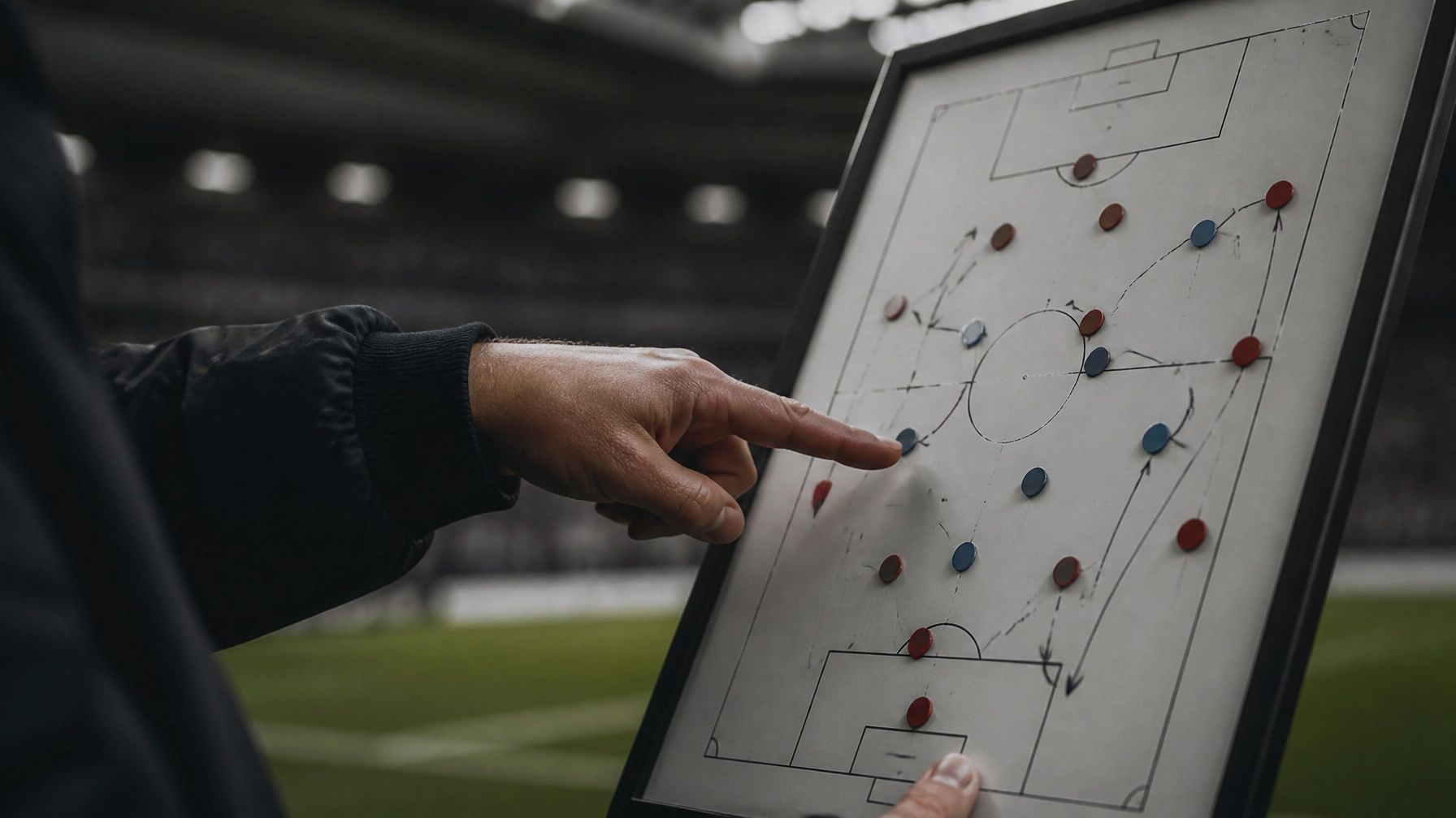 Taktische Vorbereitung auf ein Bundesliga-Spiel ohne lesbare Beschriftungen