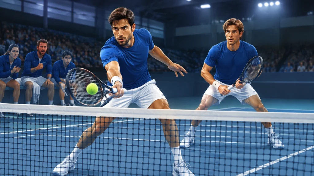 Illustration einer Tennis-Doppelpaarung am Netz mit mitfiebernder Mannschaft am Spielfeldrand