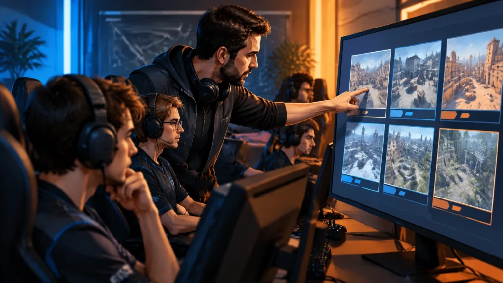 Ein E-Sports-Coach bespricht mit einem Team die Auswahl der Karten an einer Taktiktafel