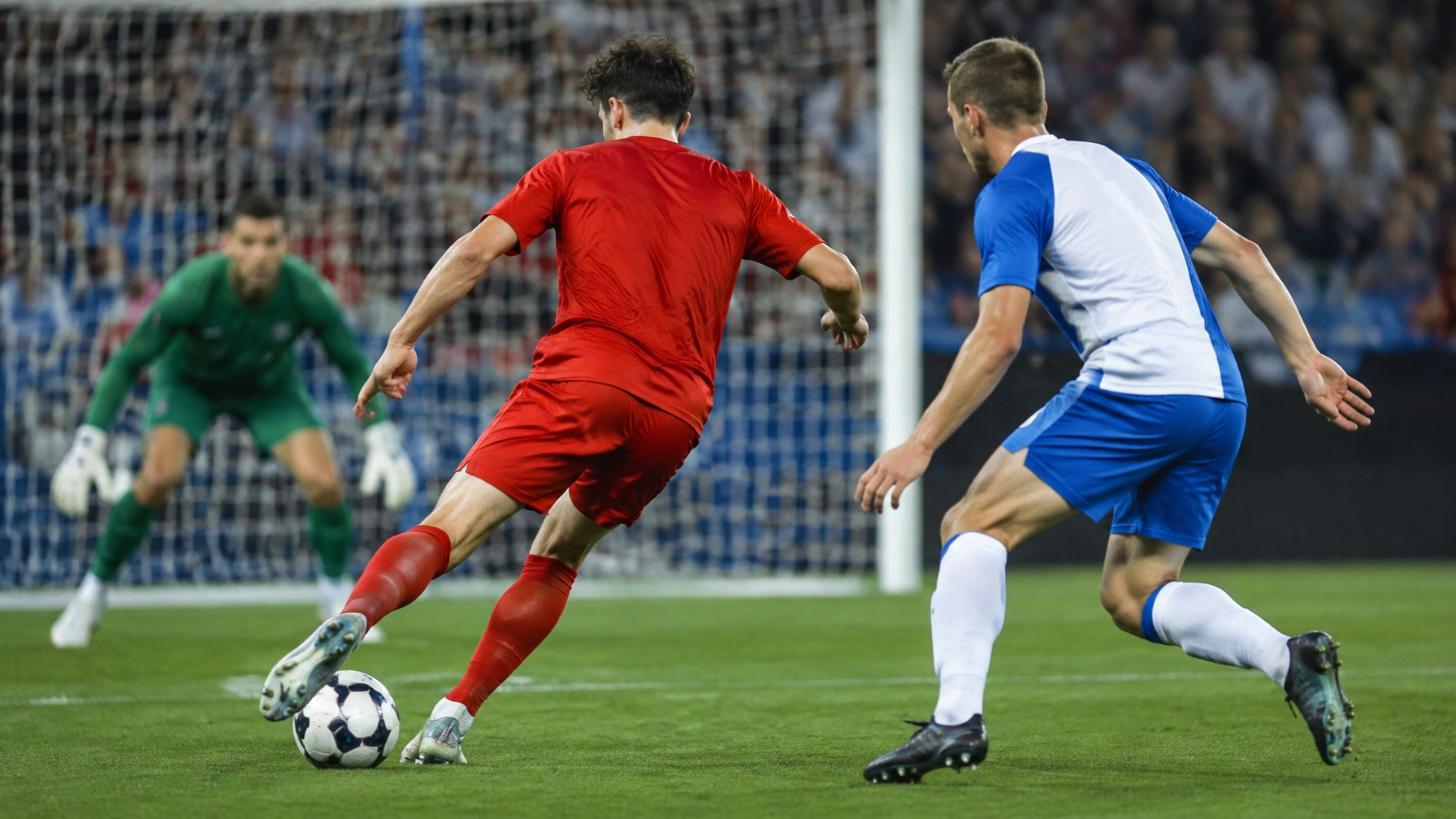 Klare Torchance in einem modernen Fußballstadion mit roten und blau-weißen Trikots
