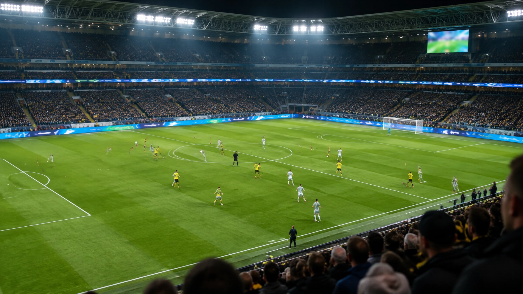 Bundesliga-Stadion mit neutraler Spielatmosphäre und Flutlicht