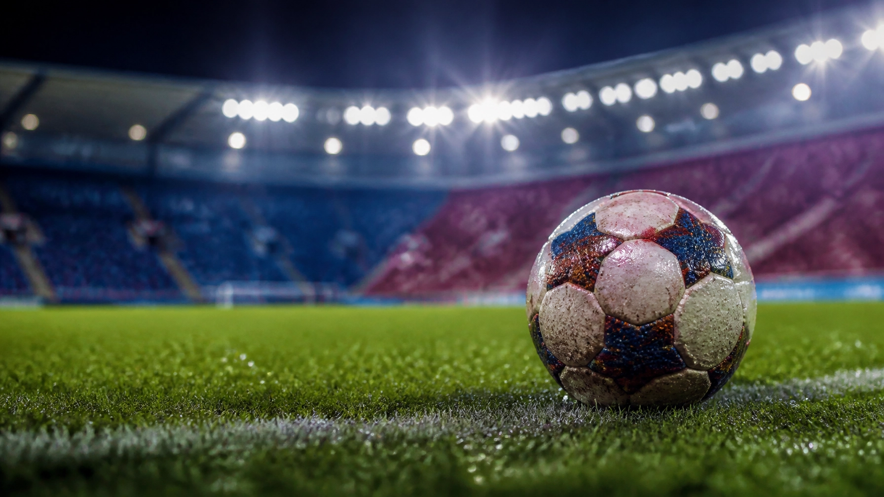 Fußball auf nassem Rasen unter Flutlicht vor dem Champions-League-Spiel