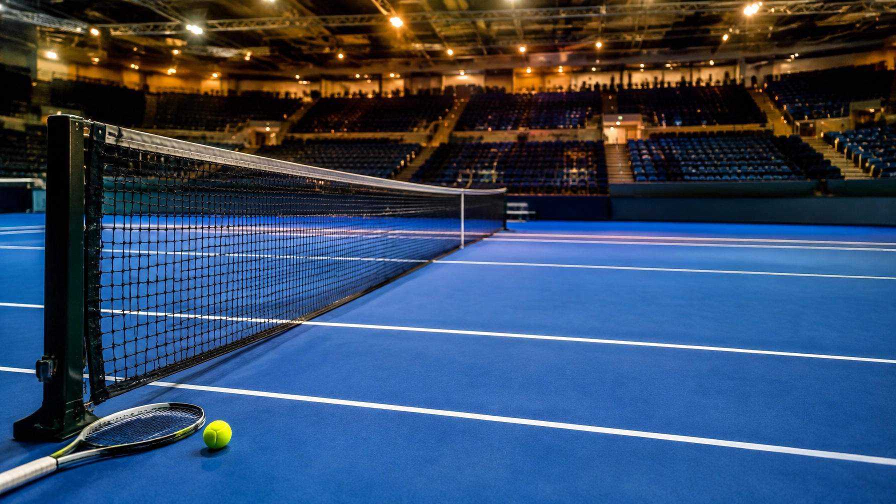Leerer blauer Hartplatz in einer modernen Tennisarena vor einem Davis-Cup-Duell