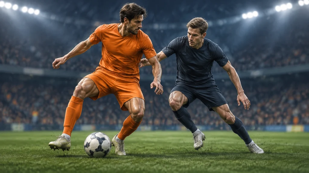 Zwei erwachsene Fußballspieler in orangefarbenem und dunklem Trikot im Laufduell um den Ball