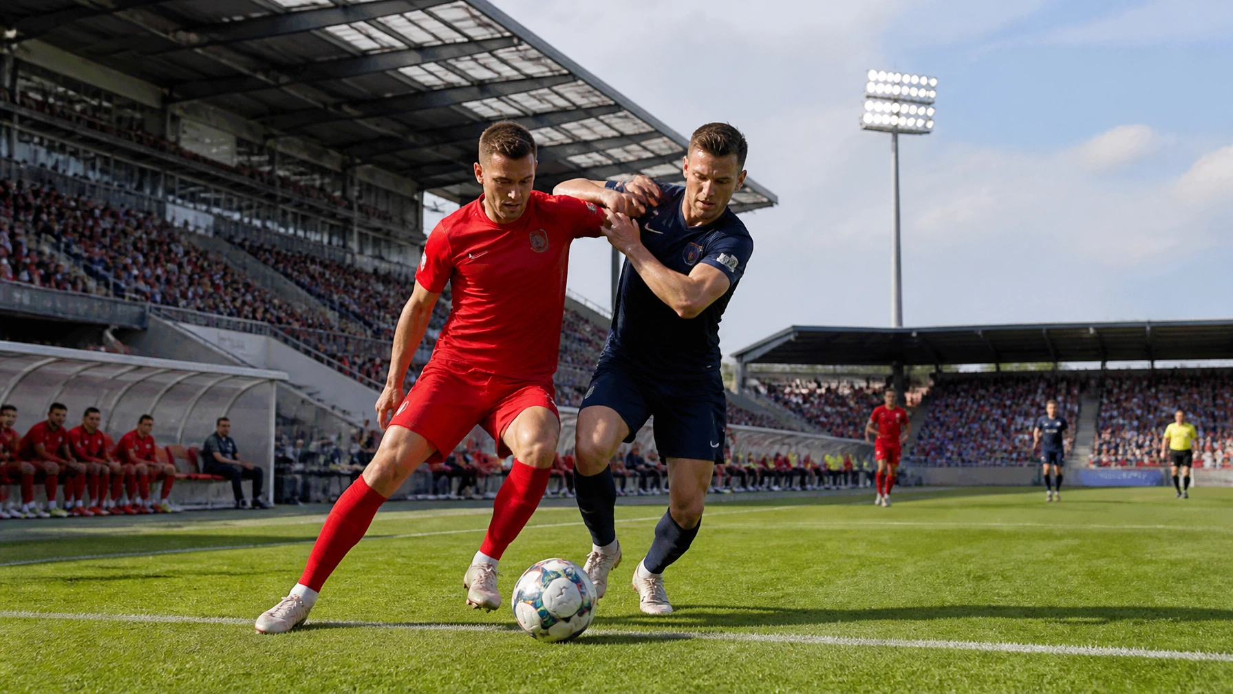 Bundesliga-Samstag im modernen Stadion mit zwei Mannschaften im intensiven Zweikampf
