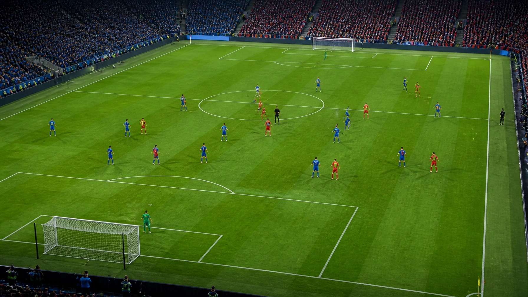 Anonyme Fußballspieler in blauen und roten Trikots während einer realistischen Flutlichtpartie