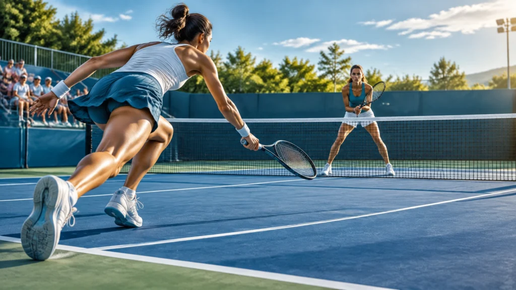 Illustration: Zwei Tennisspielerinnen während eines Ballwechsels am Netz.