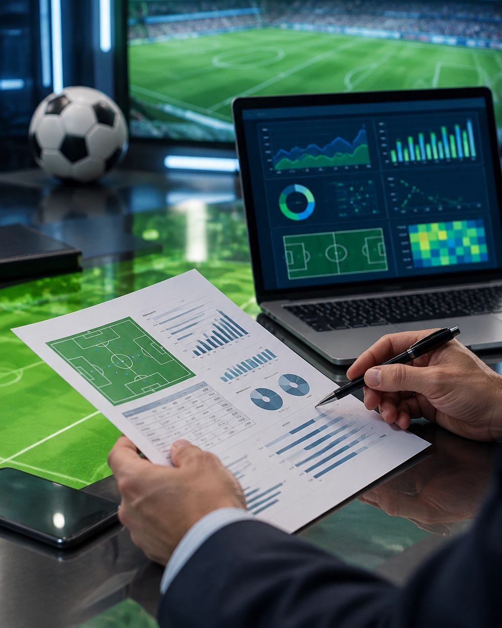 Realistische Szene einer statistischen Fußballanalyse ohne sichtbare Logos oder Schriftzüge