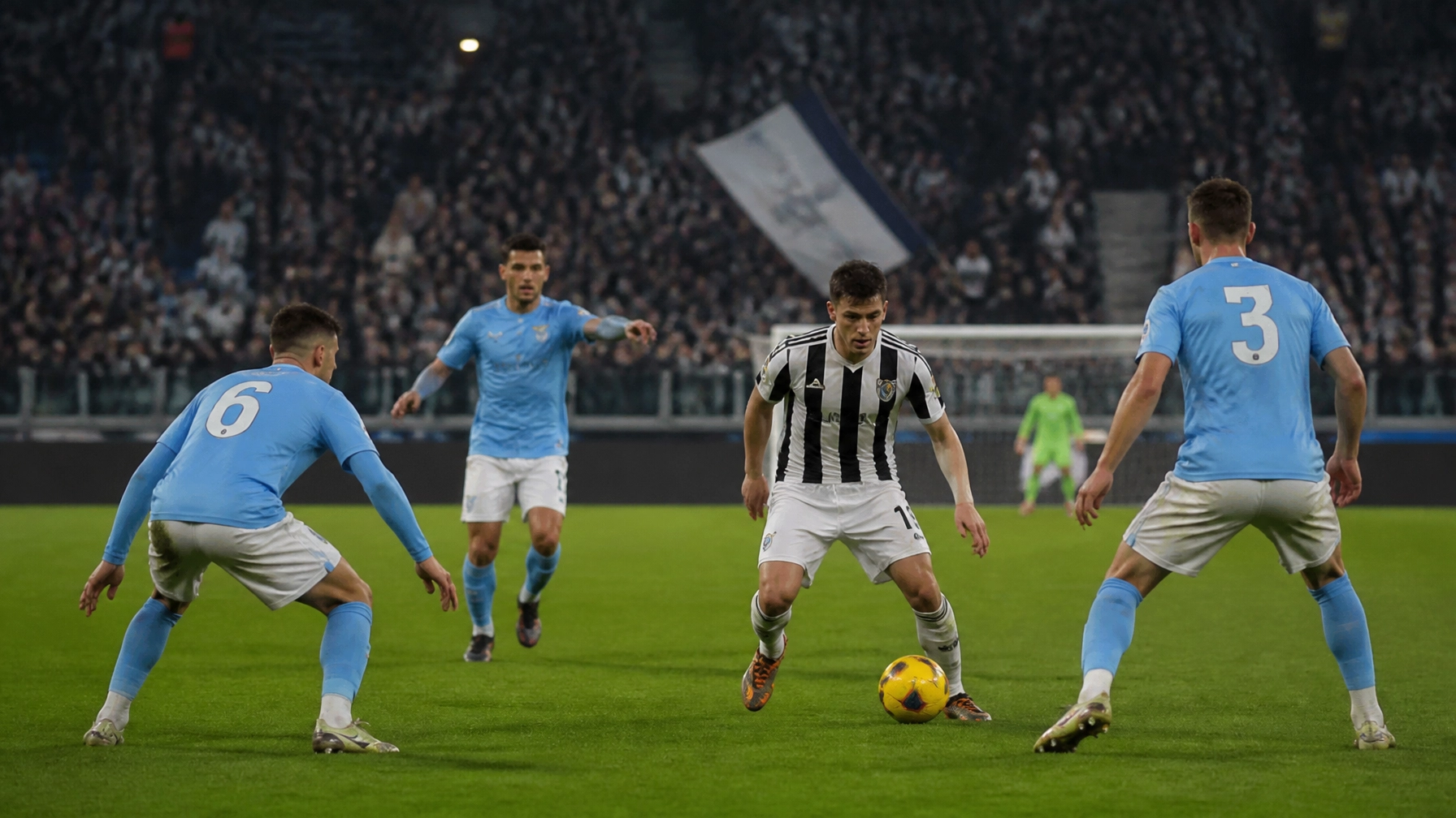 Mittelfeldduell zwischen Udinese und Lazio in kompakter Spielsituation
