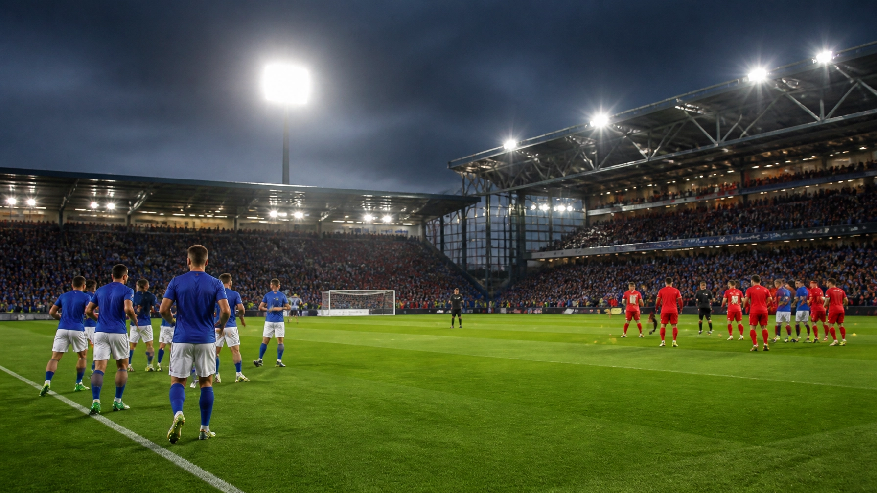 Neutrale Fußballszene mit blauen und roten Trikots ohne Logos oder Text