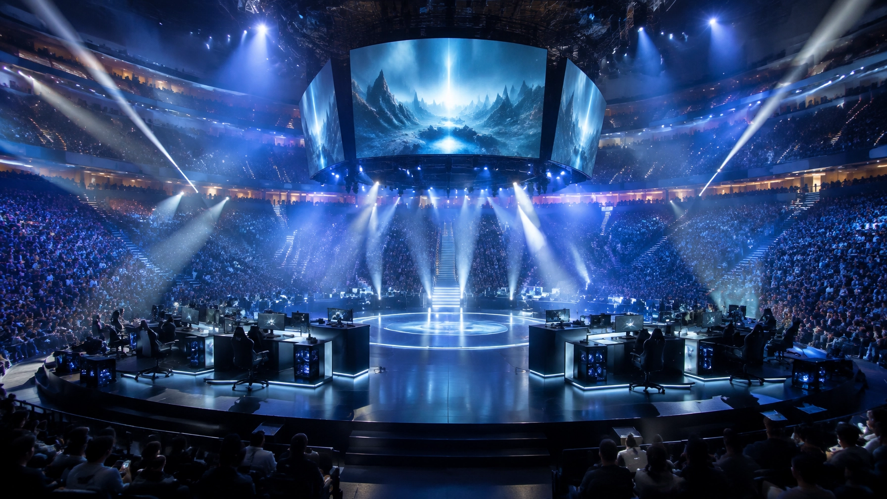 Moderne E-Sports-Arena mit Bühne, Gaming-PCs und internationaler Championship-Atmosphäre