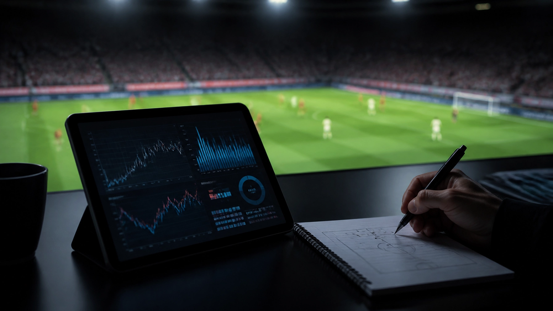 Neutraler Analystenarbeitsplatz mit unscharfem Fußballspiel und abstrakten Live-Kurskurven