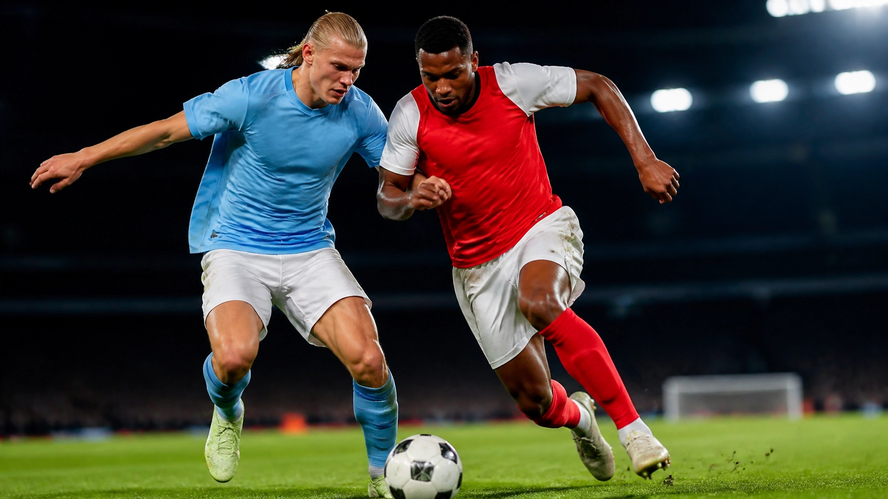 Fußballspieler aus Neapel und London im Zweikampf unter Flutlicht