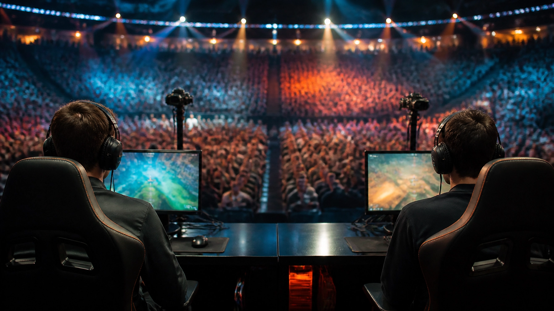 Realistische E-Sports-Arena mit anonymen Spielern auf der Bühne und konzentrierter Turnieratmosphäre