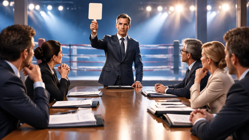Illustration: Person mit Bietkarte und Gesprächsrunde an einem Tisch vor einem Boxring