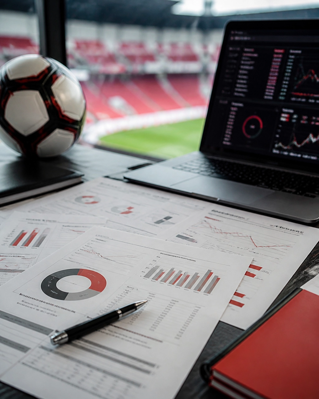 Analysearbeitsplatz mit Fußballstatistiken und neutralem Spielball
