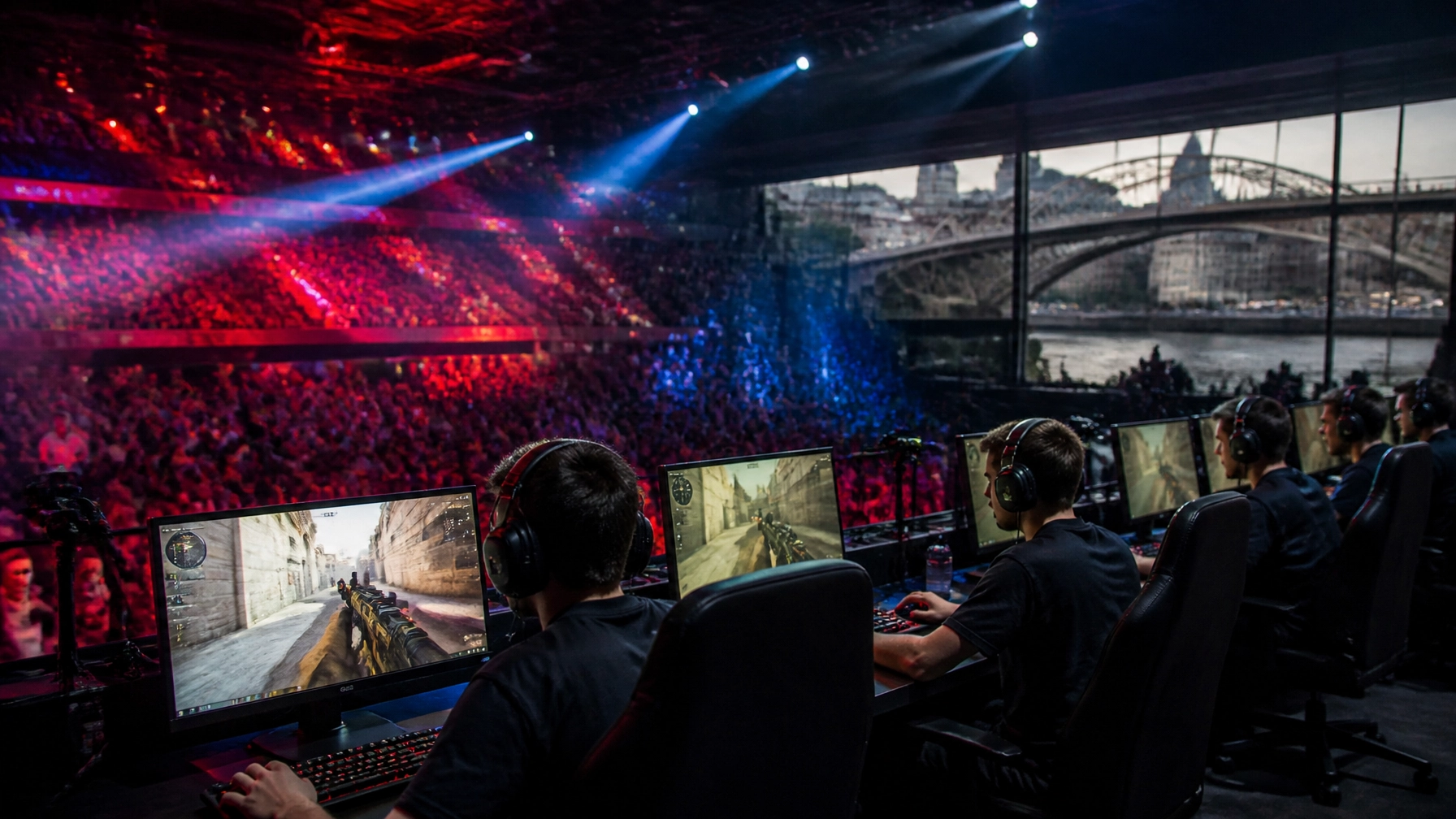 Realistische CS2-Playoff-Szene in einer modernen Arena in Porto, ohne Logos oder lesbare Beschriftungen