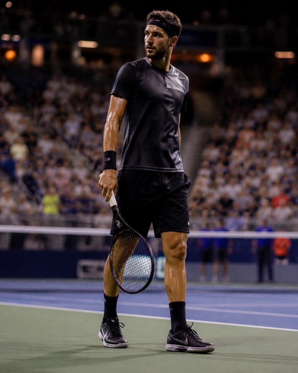 Tennisspieler während einer intensiven Nachtsession auf einem Hartplatz